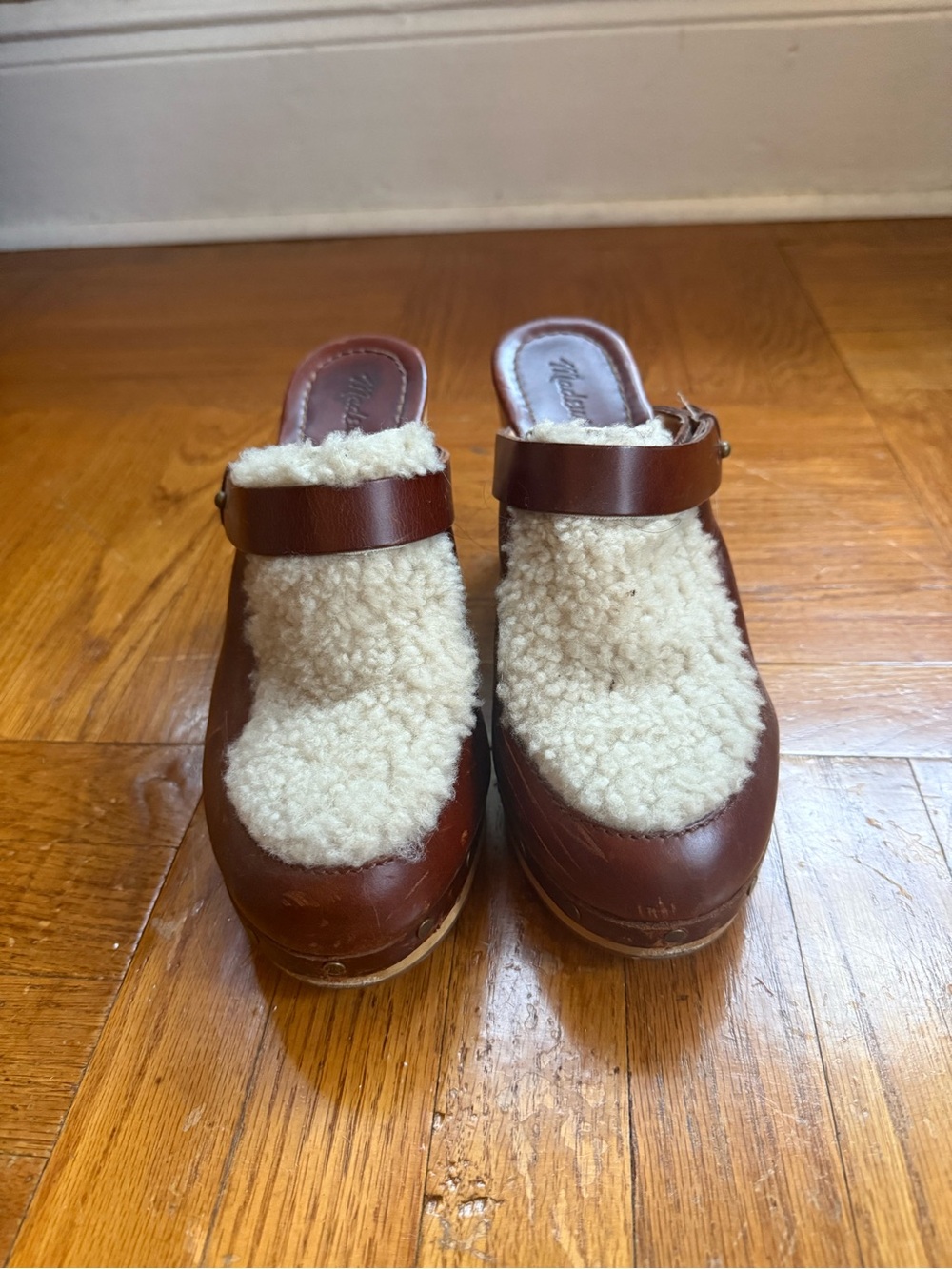 Madewell Brown Leather Shearling Clog Mules